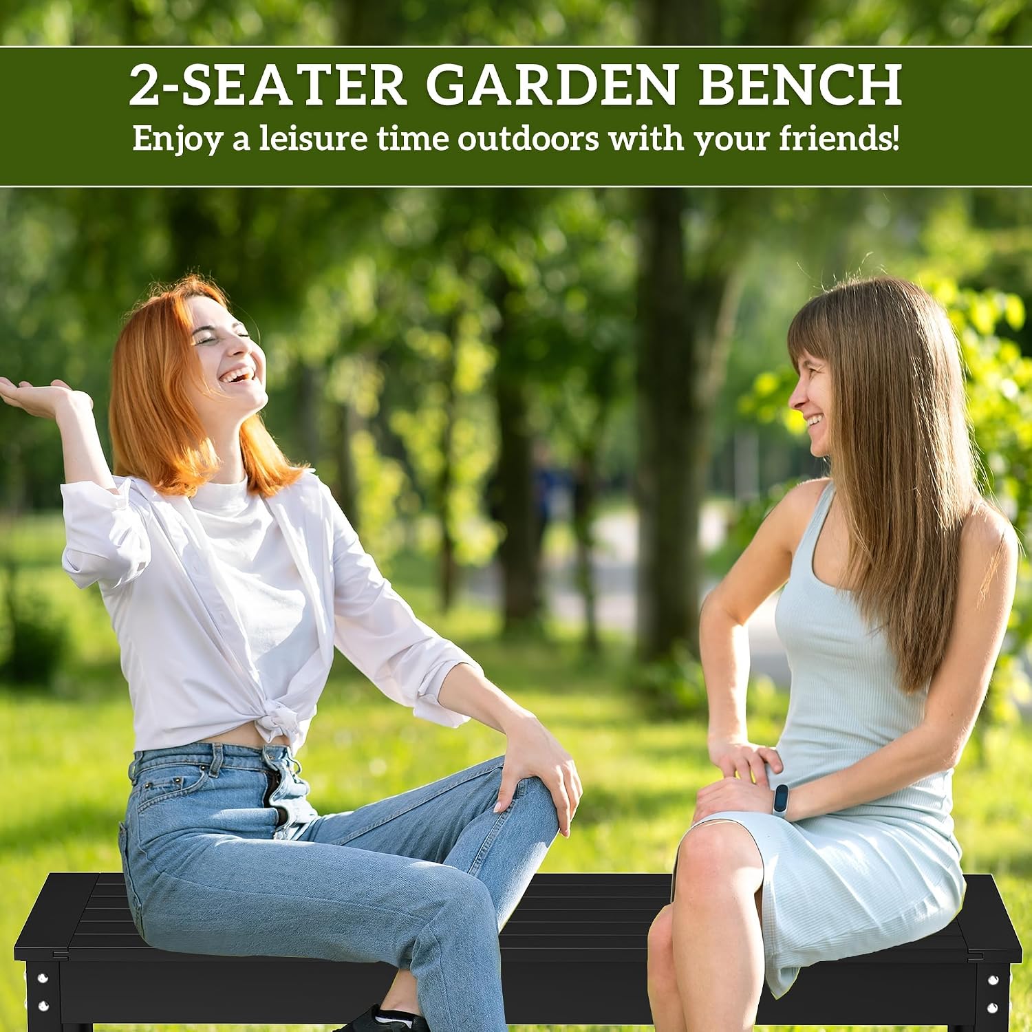 Outsunny 47" Outdoor Bench, 2-Person HDPE All-Weather Garden Bench Seat, Backless Patio Bench with Slatted Seat, Rot and Fade Resistant for Yard, Porch, Park, Black