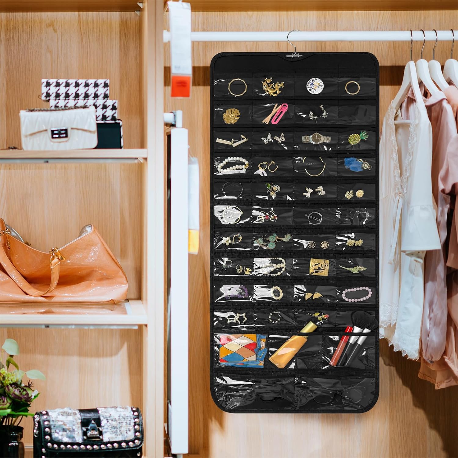 Bloss Black Hanging Jewelry Organizer With 90 Pockets for Closet, Earring Holder Organizer Storage, Over The Door Jewelry Organizer, Double-Sided Jewelry Holder for Earrings,Necklaces,Rings
