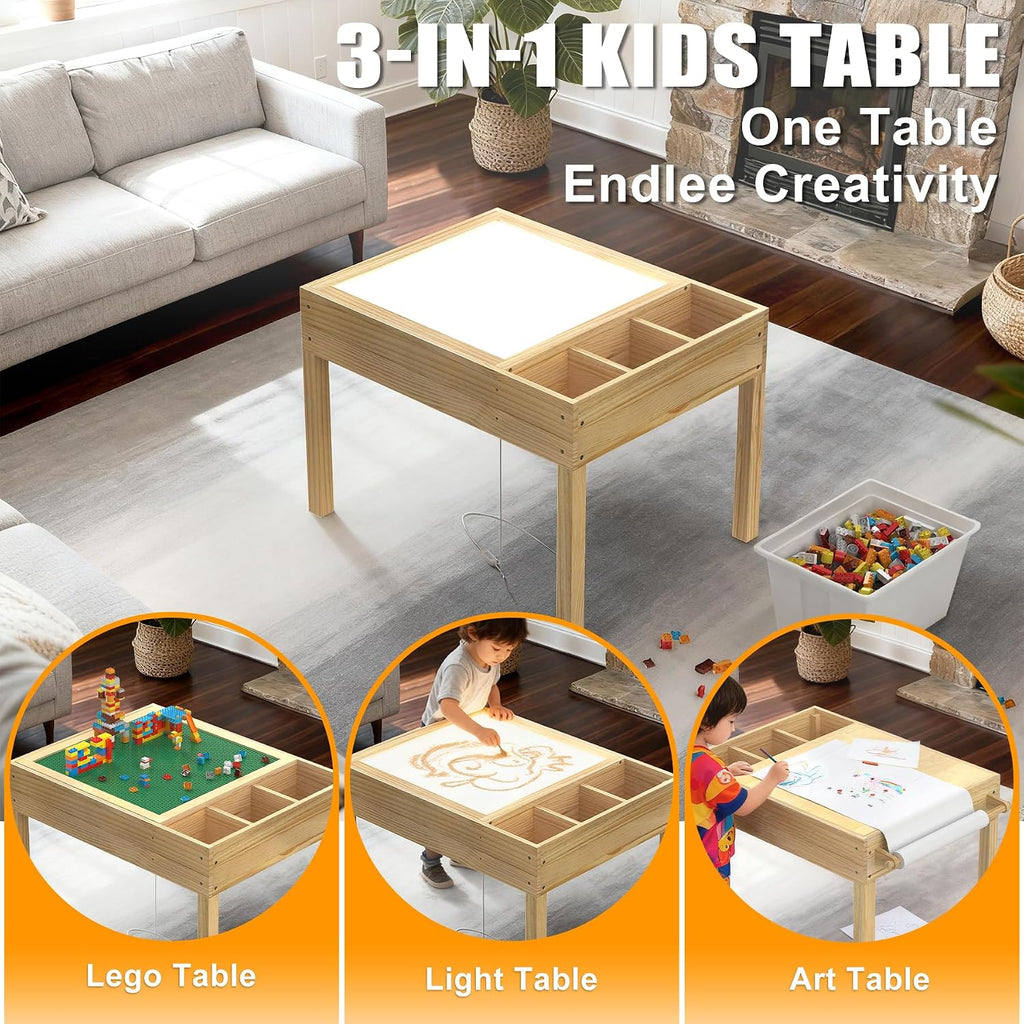 GDLF Light Table for Kids, 3-in-1 Kids Activity Table with Storage, LED Sensory, Building Brick & Art Station with Paper Roll Holder for Ages 3+
