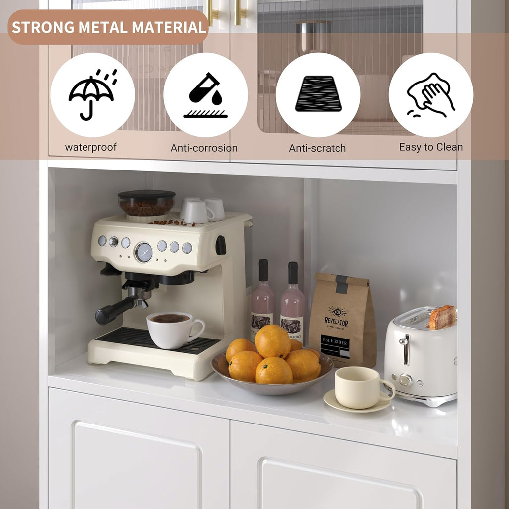 Kitchen Pantry Cabinet with Acrylic Glass Doors, 75" Freestanding Food Pantry with Countertop, Adjustable Shelves, Metal Cabinet for Living, Dining Room, White, Assembly Required