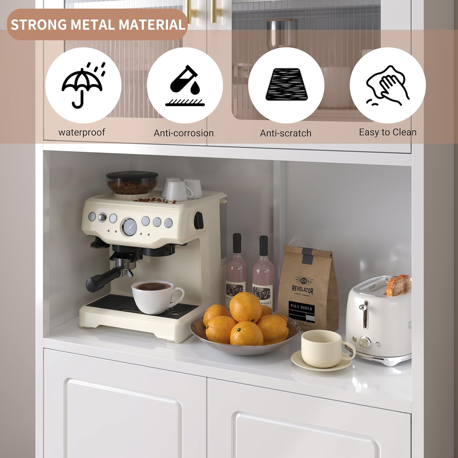 Kitchen Pantry Cabinet with Acrylic Glass Doors, 75" Freestanding Food Pantry with Countertop, Adjustable Shelves, Metal Cabinet for Living, Dining Room, White, Assembly Required