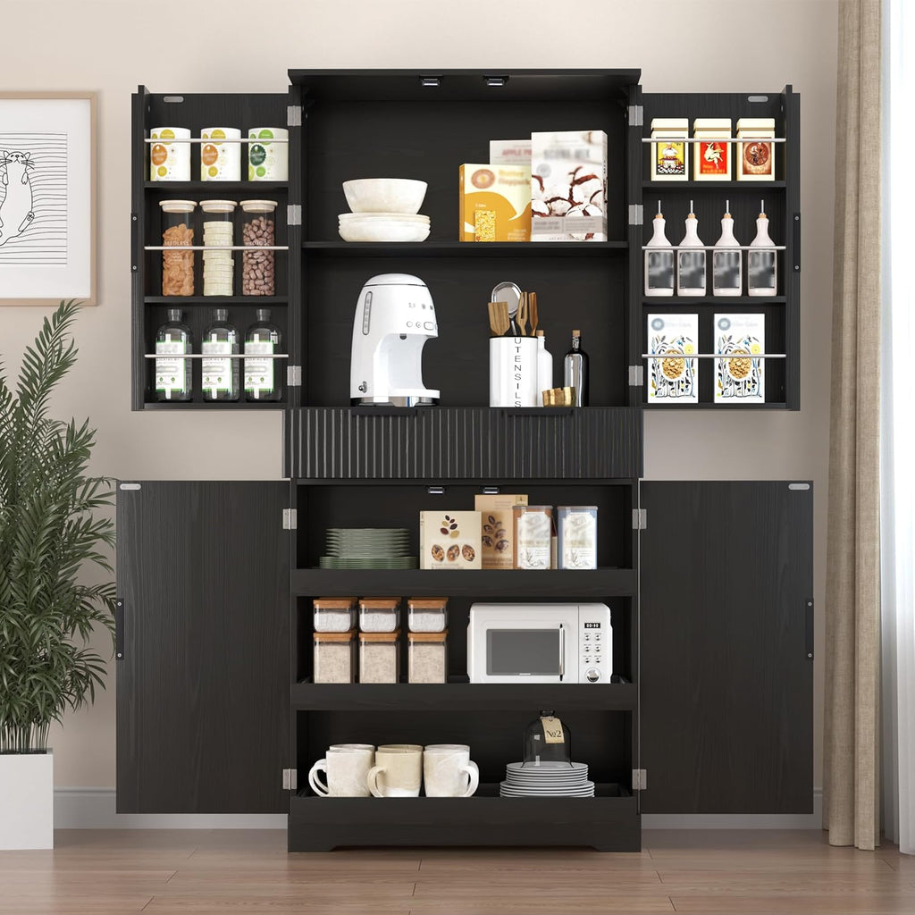 Spaco 72" Fluted Kitchen Pantry Cabinet,Modern Cupboard Storage Cabinet with 3 Keyboard Drawers & 6 Adjustable Door Shelves,Freestanding Kitchen Hutch for Living Room,Dining Room. (Black)