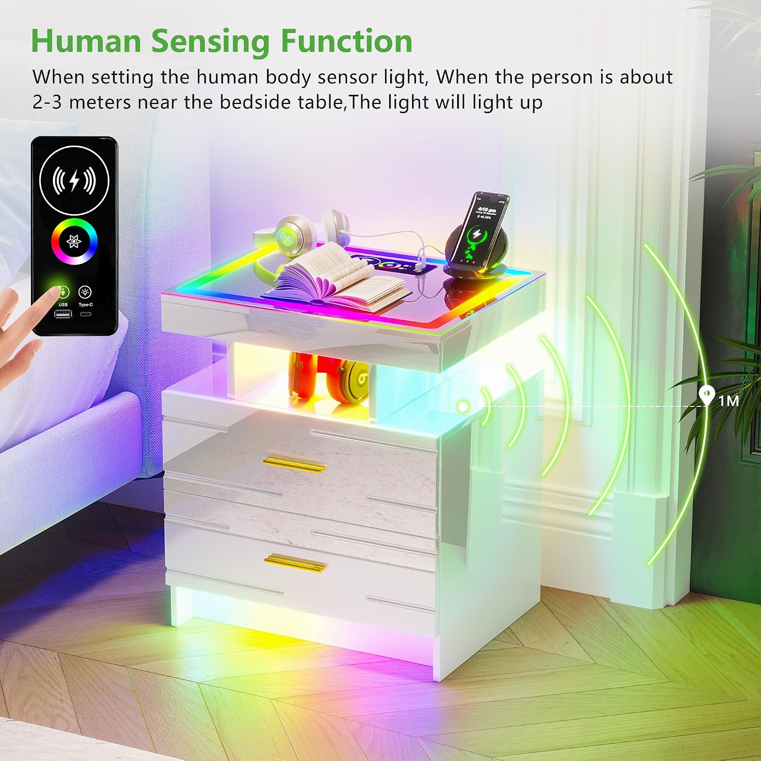 HNEBC Night Stand Set 2 with Wireless Charging Station& Remote Lights,White | LED Nightstand with Tempered Glass Top, RGB Dynamic motion sensor Lighting, Higt-Gloss, 2 Drawers for Bedroom,Living Room