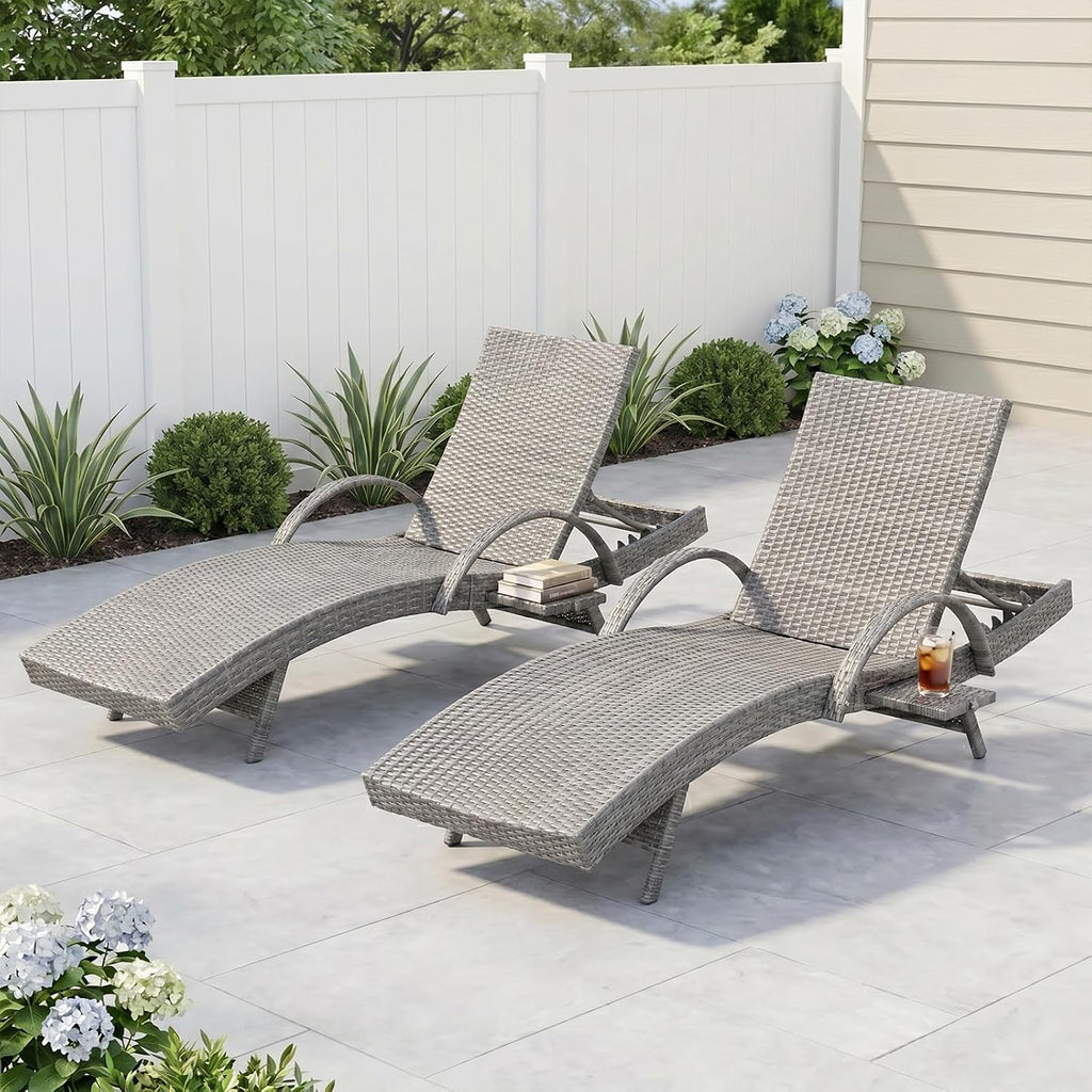 Wicker Outdoor Chaise Lounge Chairs Set of 2, Patio Rattan Reclining Chairs with Pull-Out Side Table, 4-Level Adjustable Backrest, Waterproof Tanning Chairs for Poolside, Beach & Backyard Use, Gray