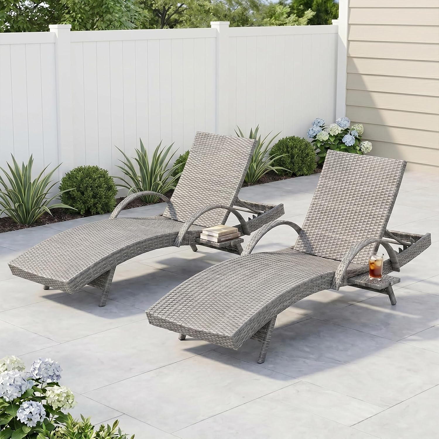 Wicker Outdoor Chaise Lounge Chairs Set of 2, Patio Rattan Reclining Chairs with Pull-Out Side Table, 4-Level Adjustable Backrest, Waterproof Tanning Chairs for Poolside, Beach & Backyard Use, Gray