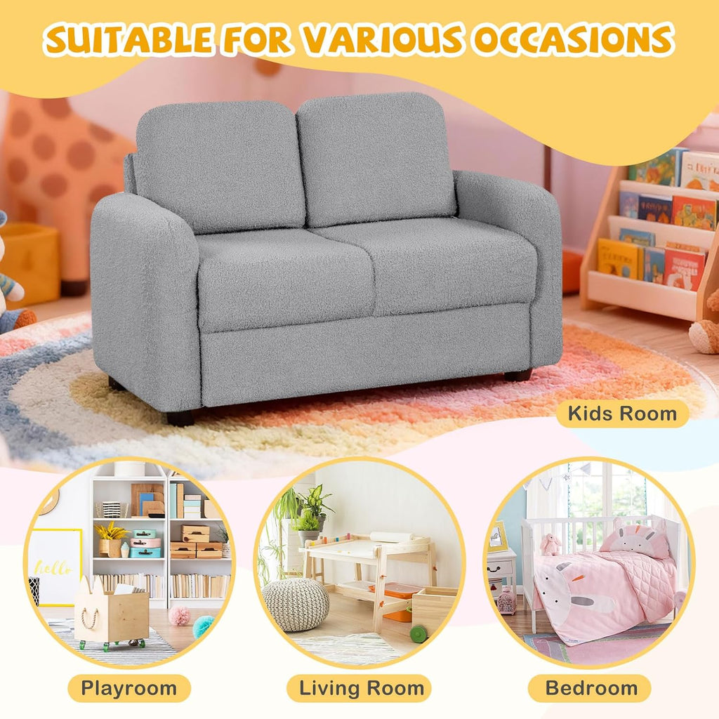 Costzon Kids Couch, 2 Seat Toddler Armrest Chair w/Teddy Fleece Upholstery & Solid Wooden Frame, Double Seat Children's Sofa for Preschool, Bedroom, Playroom, Daycare, Ideal Gift for Girls Boys