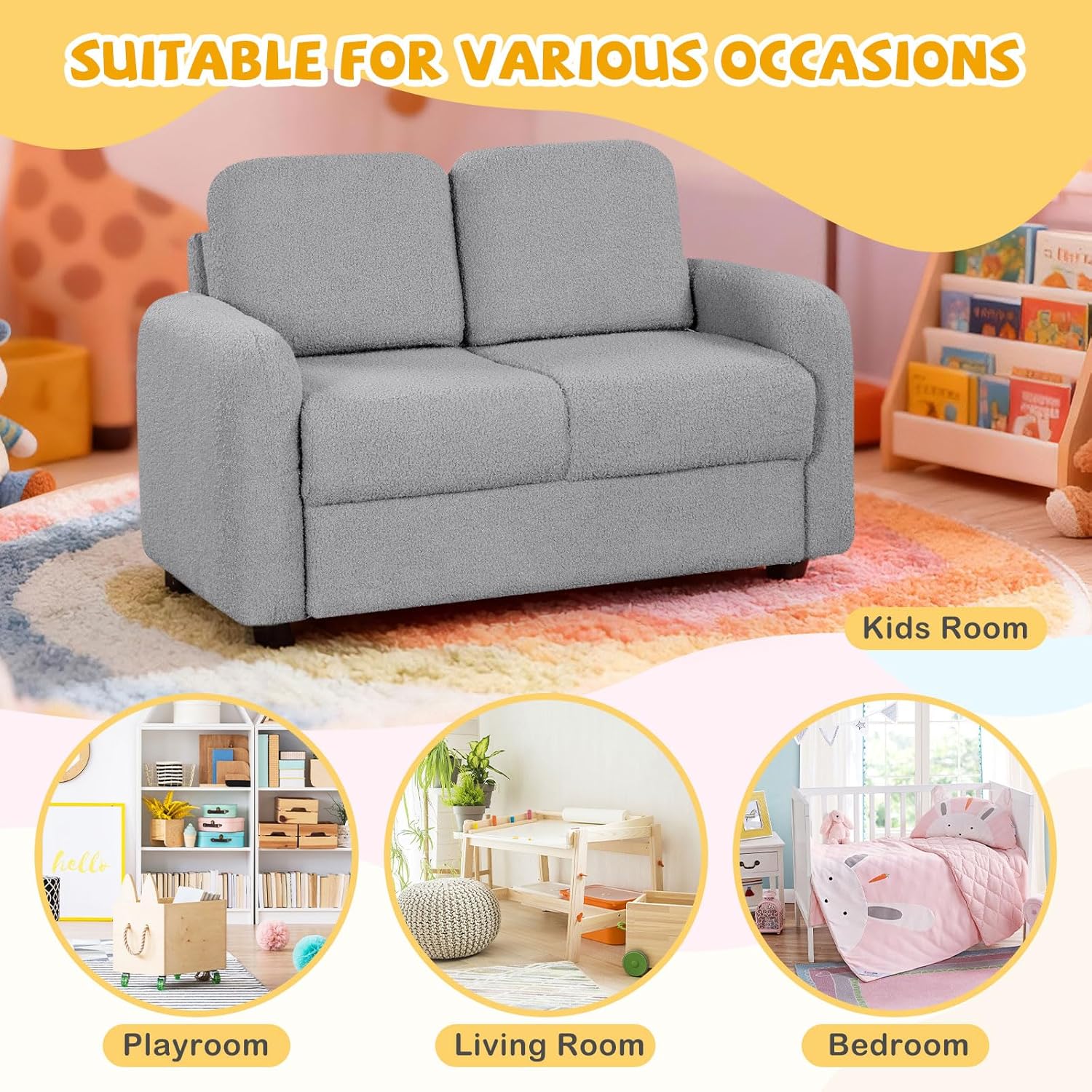 Costzon Kids Couch, 2 Seat Toddler Armrest Chair w/Teddy Fleece Upholstery & Solid Wooden Frame, Double Seat Children's Sofa for Preschool, Bedroom, Playroom, Daycare, Ideal Gift for Girls Boys