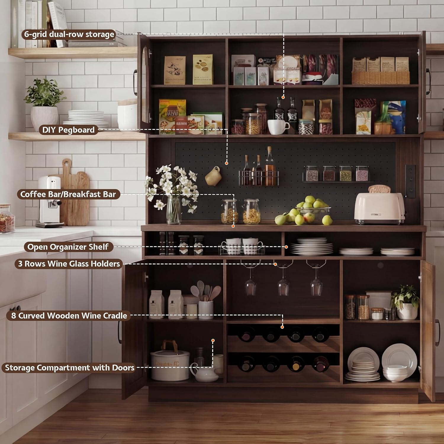 71" Tall Kitchen Pantry Storage Cabinet with LED Lights & Charging Station, Farmhouse Coffee Bar Cabinet with Adjustable Shelves & Pegboard, Pantry Cabinet with Countertop & Microwave Stand (Walnut)