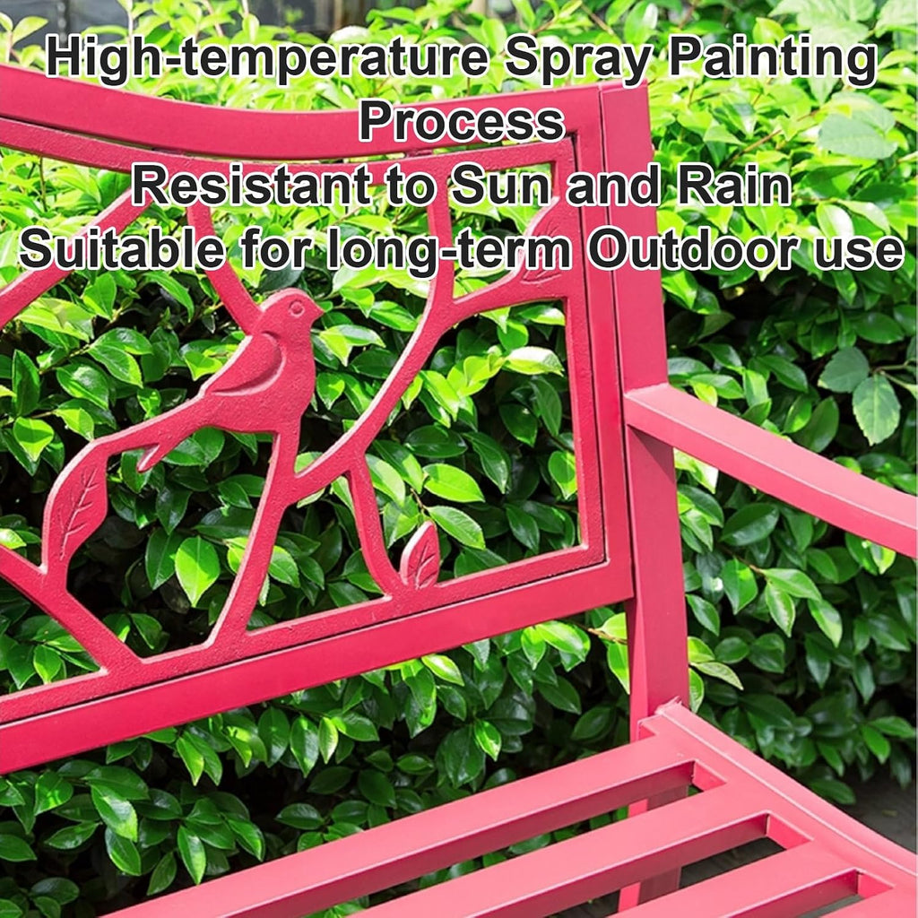 Pink Outdoor Bench with Bird & Branch Design Weather Resistant Garden Bench, Patio Loveseat with Ergonomic Backrest