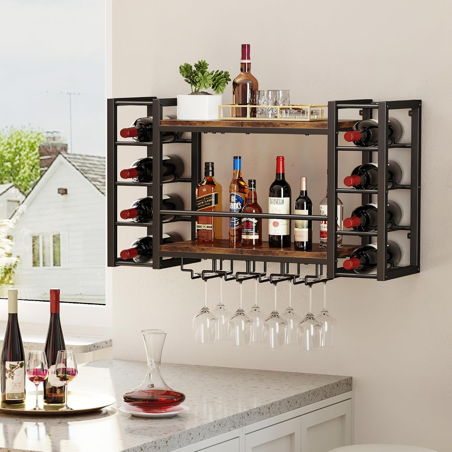 Homeiju Wall Mounted Wine Rack for 30 Bottles, Metal Wine Shelf Storage with Top Enclosure, (31.7" W x 9.8" D x 19.7" H)