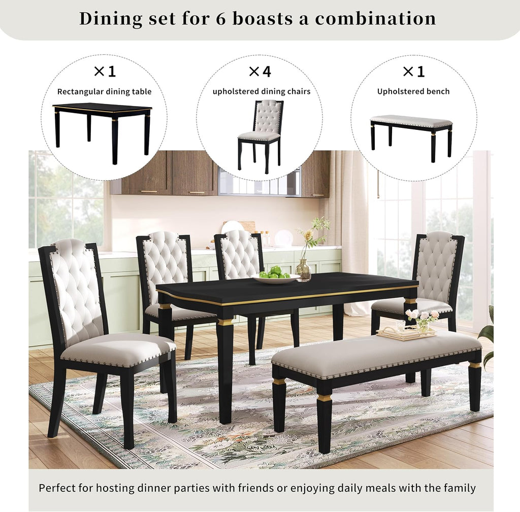 Harper & Bright Designs 6-Piece Kitchen Dining Table Chairs Set, 60" Rectangular Table and 4 High-Back Tufted Chairs & 1 Bench for Dining Room and Kitchen (Black)