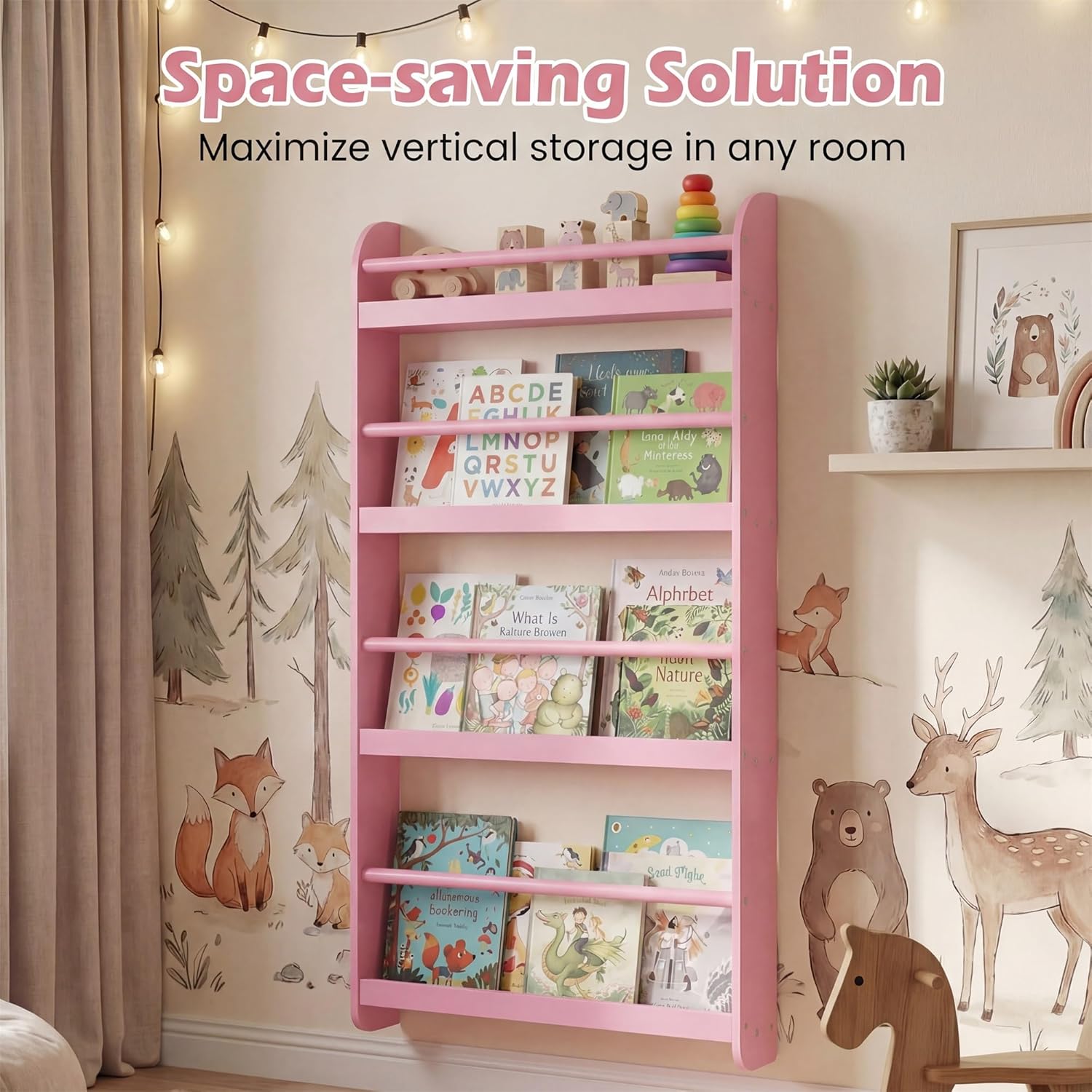 HONEY JOY Kids Bookshelf, Wall Mounted Shelf with Basswood Crossbar & Raised Edge, 4-Tier Bookshelf Organizer for Toys and Books, Space-Saving Wall Book Rack for Bedroom, Living Room, Nursery (Pink)