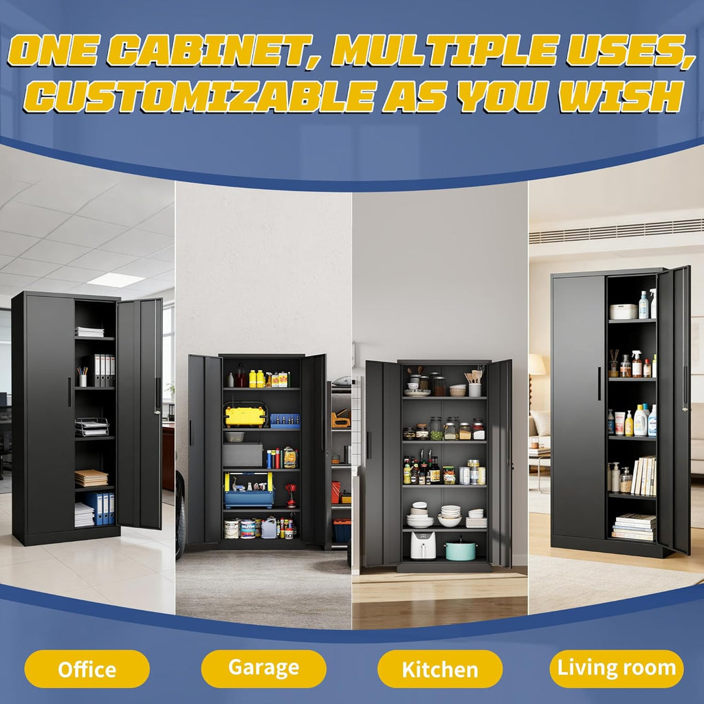 Metal Storage Cabinet with Adjustable Shelves, 72" Steel Garage Storage Cabinets with Lock and 2 Door, Locking Tool Cabinet Utility Cabinets for Garage, Kitchen, Home Office, School, Shop