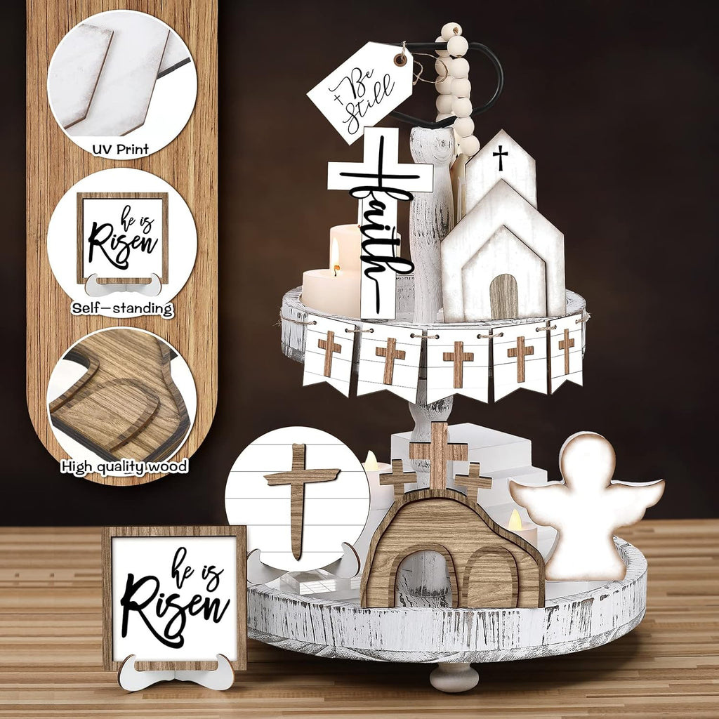 Jetec 12 Pcs Easter Decorations for Home Easter Tiered Tray Decor Set Christian He Is Risen Tray Decor Cross Wooden Sign Rustic Farmhouse Spring Table Religious Tabletop Farmhouse for Home Kitchen