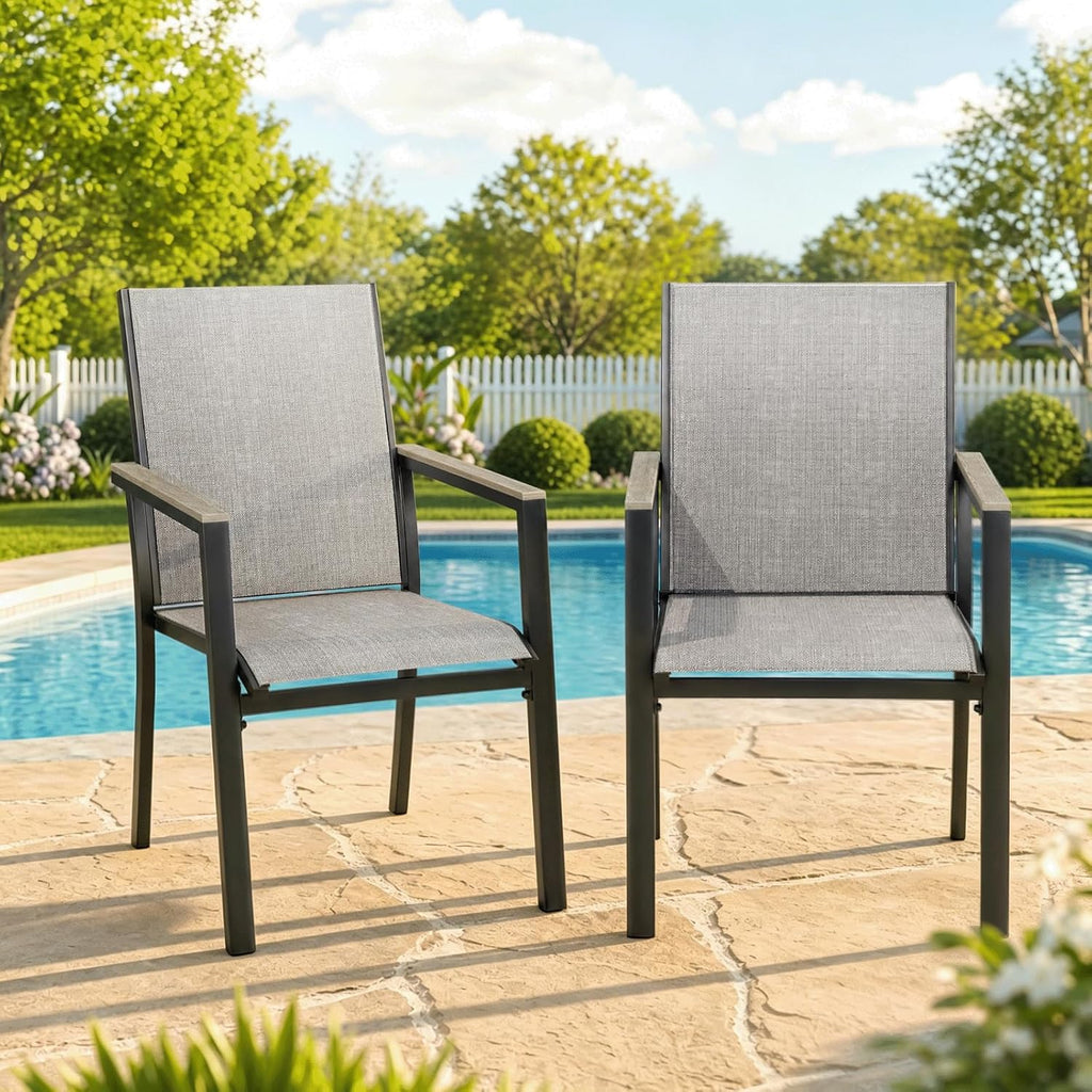 MEOOEM Highback Outdoor Chairs Set of 2, Comfortable Wide Deep Seat Grey Patio Chairs w/Armrests & Metal Frame, Sturdy Durable Heavy Duty Outdoor Armchairs 450LBS for Outside, Backyard, Lawn, Gray
