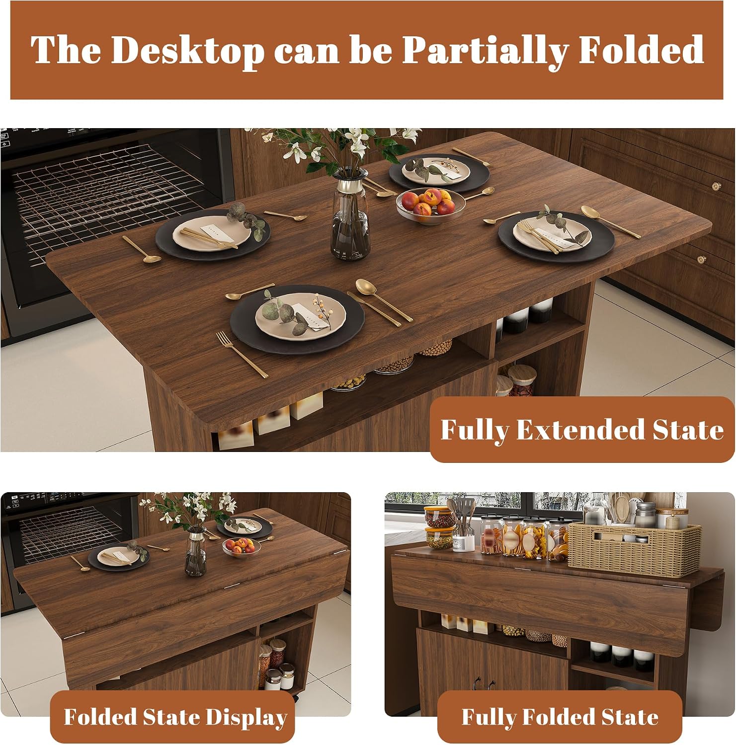 Kitchen Island with Storage, Rolling Kitchen Island on Wheels, 47" Rolling Cart with Drop Leaf, Home Bar Carts with Cabinet for Kitchen (Walnut)