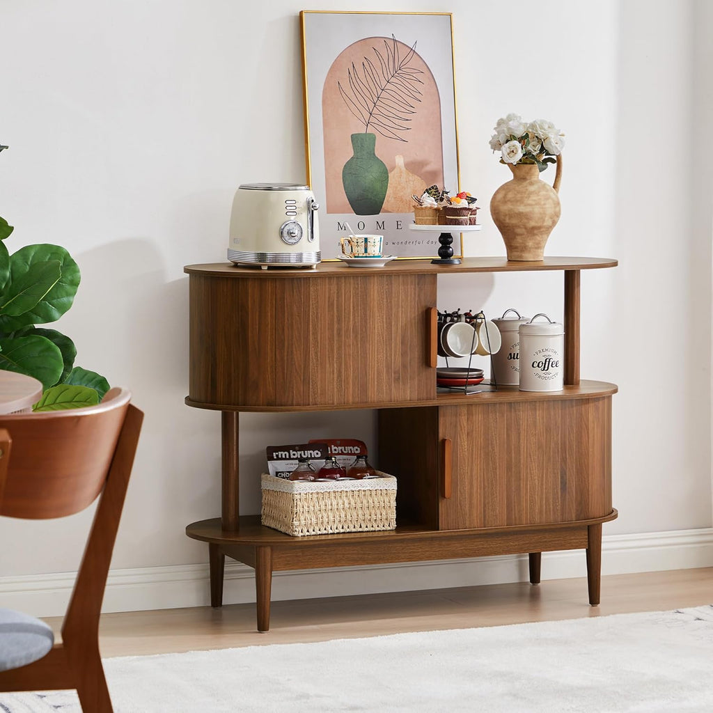 42.5'' Buffet Cabinet with 2 Open Storage, Oval Sideboard Cabinet with Sliding Doors Modern Accent Coffee Bar Wood Kitchen Storage Cabinets for Kitchen, Living Room, Hallway (Walnut)