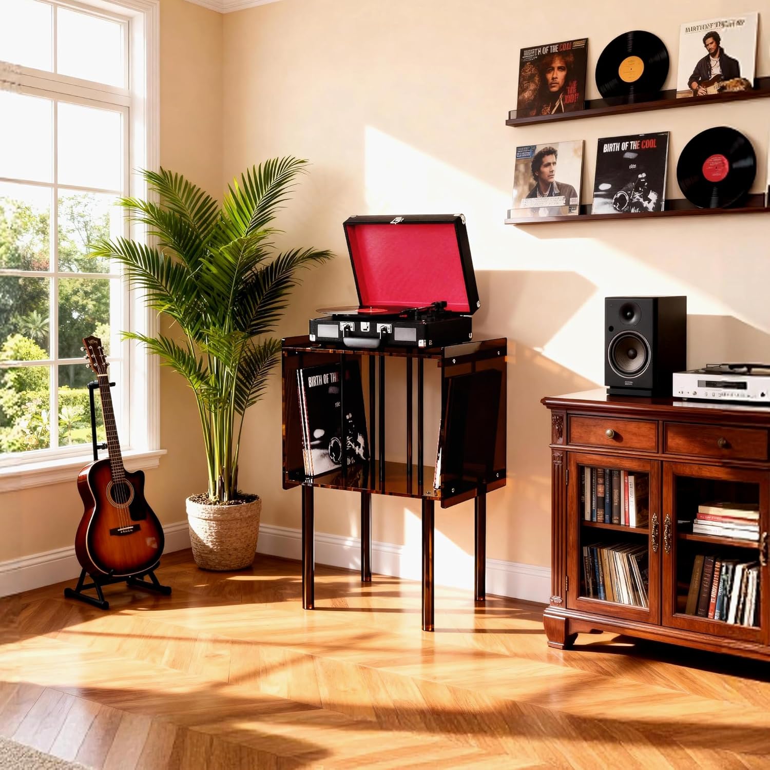 Acrylic Record Player Stand, with Vinyl Storage, Clear Acrylic Side Table, 18.1'' x 14.6'' x 26.1'' (Dark Brown)