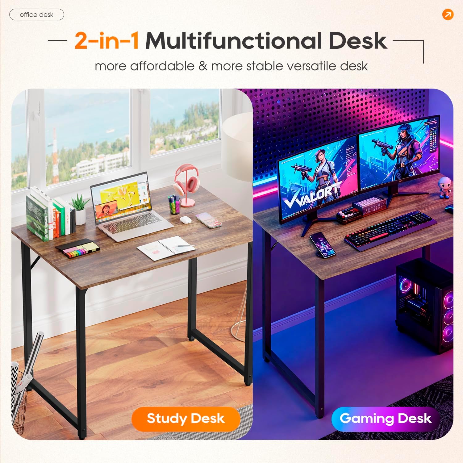 PayLessHere | 32 Inch Computer Desk | Brown | Office Desk with Metal Frame, Adjustable Feet | Water-Resistant, Scratchproof Surface | Sturdy Writing Table for Home Office or Study | Pack of 1