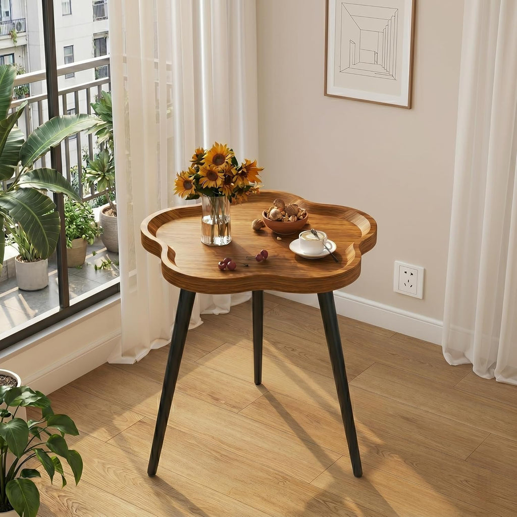 danpinera Round Side Table, Metal Legged Accent Table with Wooden Tray, Flower Tray Small Round End Table for Living Room, Bedroom, Nursery Rustic Brown
