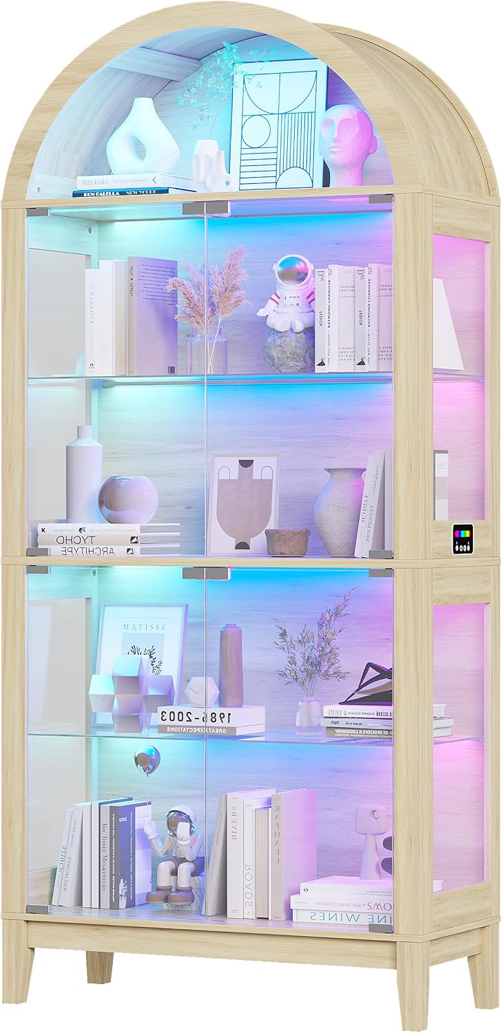 HNEBC Arched Display Case with RGB Lights, 69" Tall 5-Tier Tempered Glass Display Cabinet with Doors, LED Curio Cabinet with Shelf, Floor Standing Bookcase for Living Room(Natural)