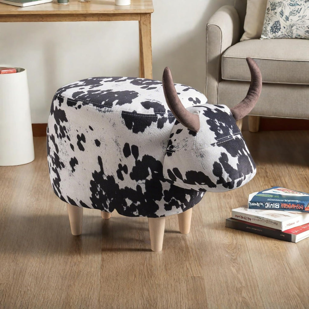 Christopher Knight Home Isana Cow-Shaped Ottoman, Cute Wood Foot Stool Shoes Changing Seat with Cushioned for Living Room, Bedroom, Playroom Porch Furniture, Black and White Velvet