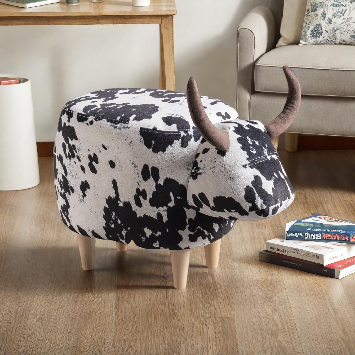 Christopher Knight Home Isana Cow-Shaped Ottoman, Cute Wood Foot Stool Shoes Changing Seat with Cushioned for Living Room, Bedroom, Playroom Porch Furniture, Black and White Velvet