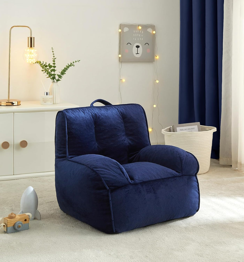 Heritage Kids Pod Square Back Kids Bean Bag Chair, Soft Plush Lounge Seat for Bedroom or Playroom, Navy