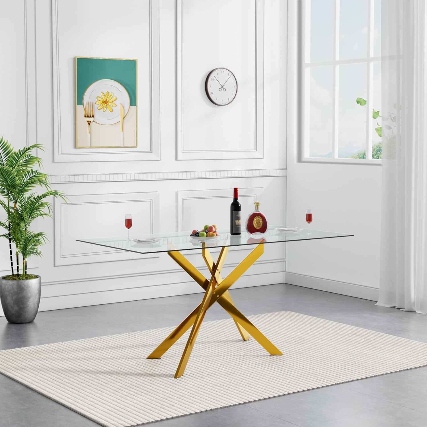 Gold Glass Dining Table for 4 Modern 51.2" Rectangular Kitchen Dining Room Table for 4 with X-Shape Metal Base Large Clear Glass Top Dining Tables for Home Kitchen