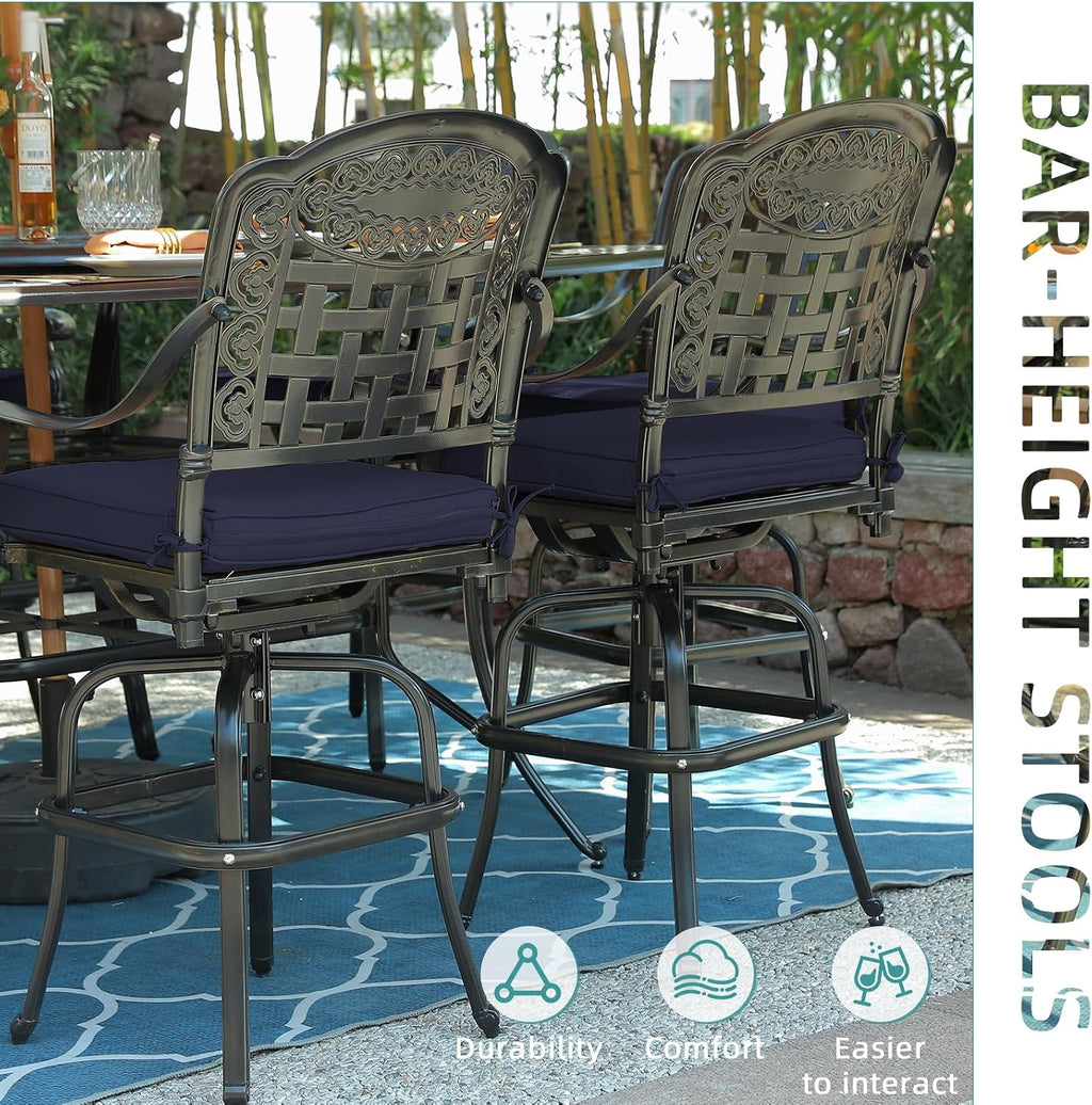 MEETWARM Outdoor Swivel Bar Stools Set of 2, All-Weather Cast Aluminum Bar Height Bistro Chairs with Footrest, High Back and Armrest, High Top Patio Bar Chairs with Cushion for Poolside Deck Backyard