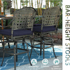 MEETWARM Outdoor Swivel Bar Stools Set of 2, All-Weather Cast Aluminum Bar Height Bistro Chairs with Footrest, High Back and Armrest, High Top Patio Bar Chairs with Cushion for Poolside Deck Backyard