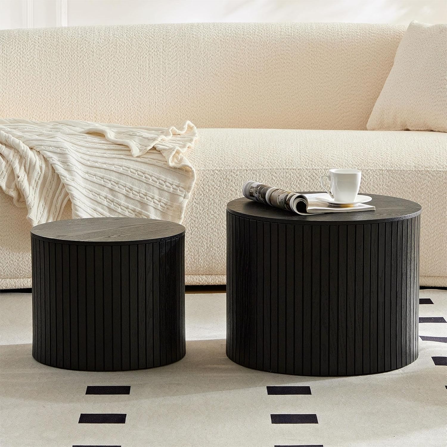 Nesting Coffee Table Set of 2,Modern Round Wooden Coffee Tables with Storage,Luxury Fluted Side Table Accent End Table for Small Space Living Room Apartment (19.17”)