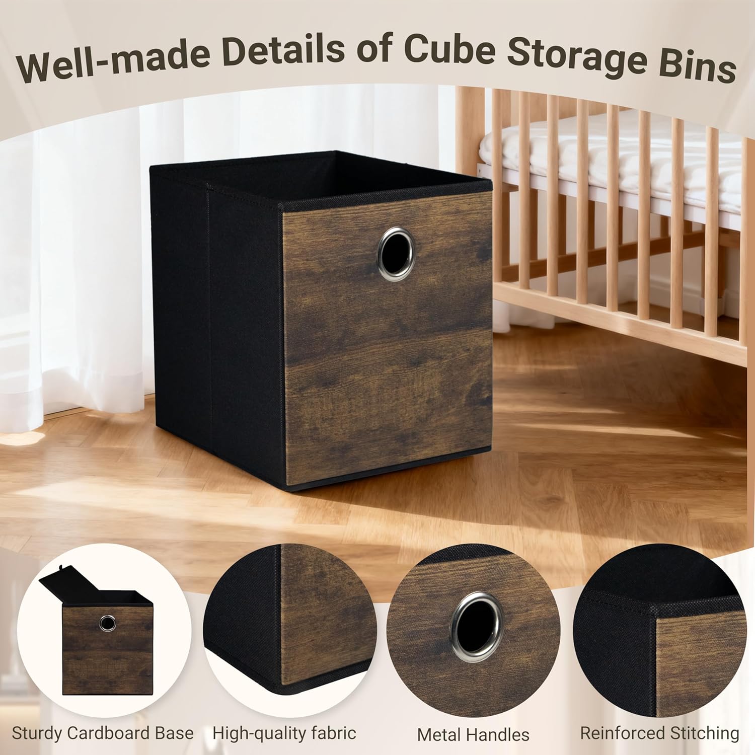 Thickened Fabric Cube Storage Bins with Wood Look,Decorative Storage Cubes Foldable Box,Sturdy Cube Organizer Basket for Shelves,Closet,Home,Office, Nursery,Dorm,Brown with Black,3 Pack (12x12x12in)