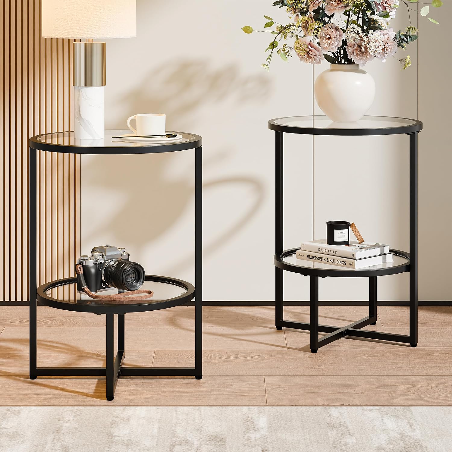 Cozy Castle End Tables Set of 2 for Living Room, Round Tempered Glass Side Tables with 2-Tier Storage Shelf, Modern Metal End Table for Couch, Bedroom, Apartment, Black