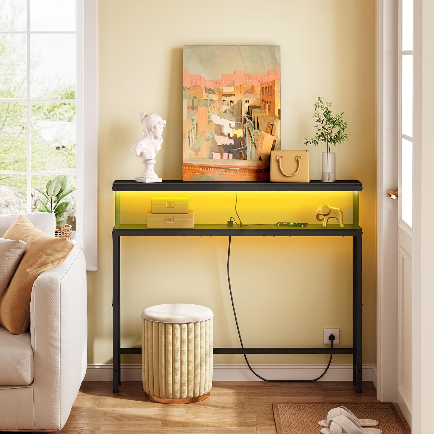 FAVOOSTY 46.8" Skinny Console Table with Charging Station and LED Light, 5.9" Narrow Sofa Table with Power Outlets and Type C & USB Port, Behind Couch Table for Living Room, Hallway, Entryway, Black