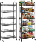 6-Tier Slim Storage Cart, Rolling Kitchen Cart with Wheels, Narrow Metal Shelf Organizer with Hooks for Kitchen, Bathroom, Living Room, Laundry, Small Spaces (Black, 10 in)