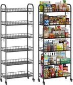 6-Tier Slim Storage Cart, Rolling Kitchen Cart with Wheels, Narrow Metal Shelf Organizer with Hooks for Kitchen, Bathroom, Living Room, Laundry, Small Spaces (Black, 10 in)