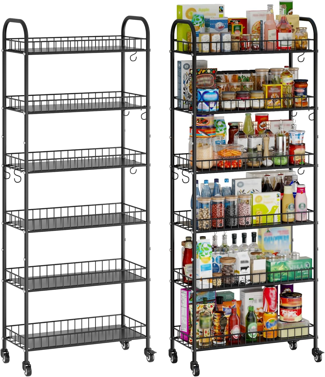 6-Tier Slim Storage Cart, Rolling Kitchen Cart with Wheels, Narrow Metal Shelf Organizer with Hooks for Kitchen, Bathroom, Living Room, Laundry, Small Spaces (Black, 10 in)