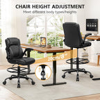 Drafting Chair, Tall Office Chair for Standing Desk, High Executive Leather Ergonomic Computer Chair with Adjustable Height and Flip-Up Armrest for Counter Height Desk, Black, Pack of 1