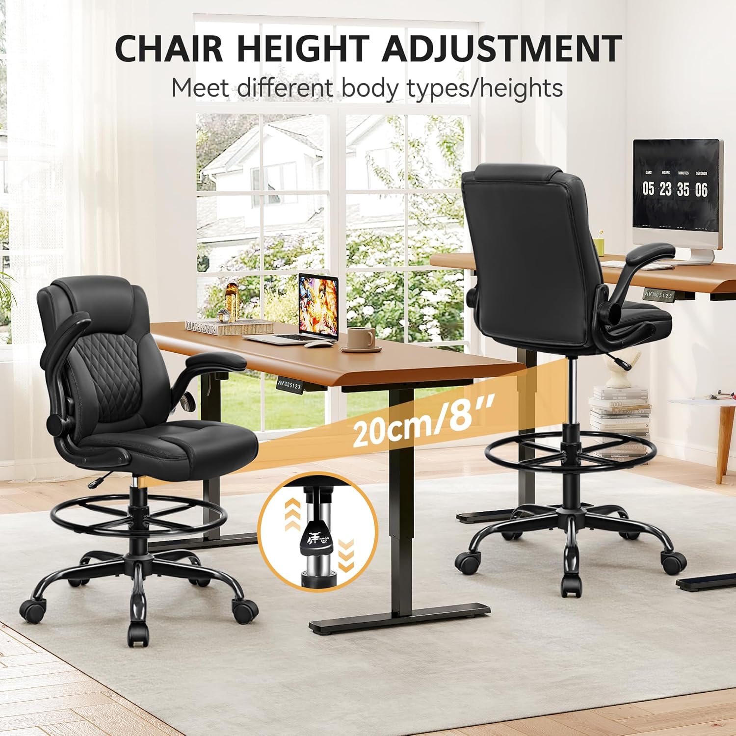 Drafting Chair, Tall Office Chair for Standing Desk, High Executive Leather Ergonomic Computer Chair with Adjustable Height and Flip-Up Armrest for Counter Height Desk, Black, Pack of 1
