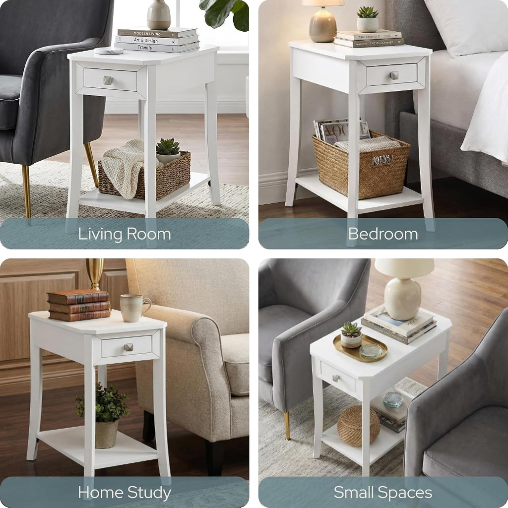 Convenience Concepts Designs2Go Ensenada Chairside End Table 23.75" - Transitional Narrow Side Accent with Storage Drawer & Shelf for Modern Living or Family Room, Bedroom Nightstand, White