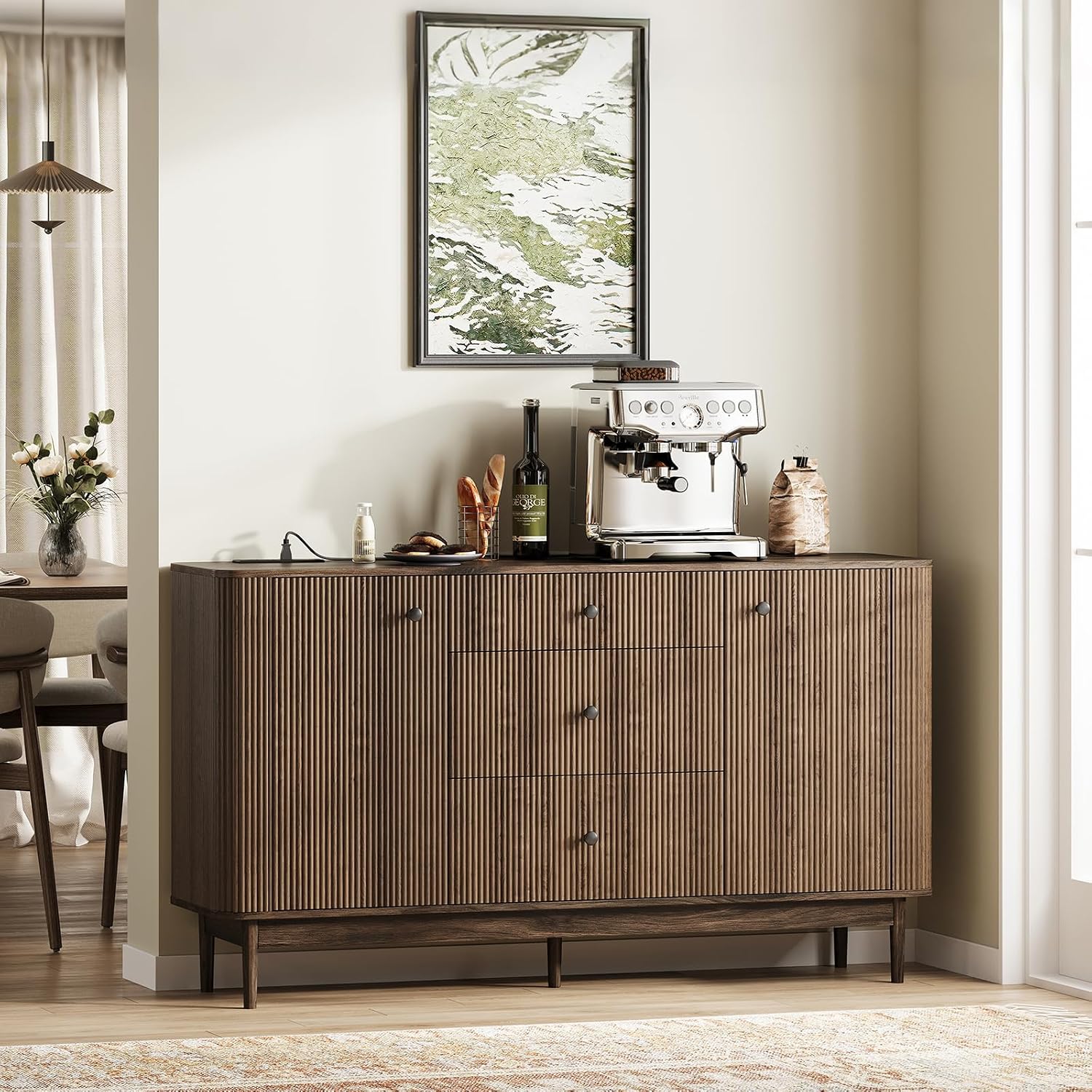 59" Buffet Cabinet with Drawers, Large Fluted Sideboard Buffet Storage Cabinet with Charging Station, Shelves and Doors, Modern Accent Coffee Bar Console Table for Kitchen, Entryway and Living Room