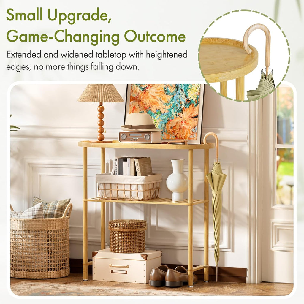 Small Entryway Table Bamboo 30.7", Narrow Hallway Table Oval Top 2-tier, Slim Console Table with Anti-fall Edge, Sofa Side Table 5min Easy Assembly, Small TV Stand for Bedroom, Indoor Plant Stand