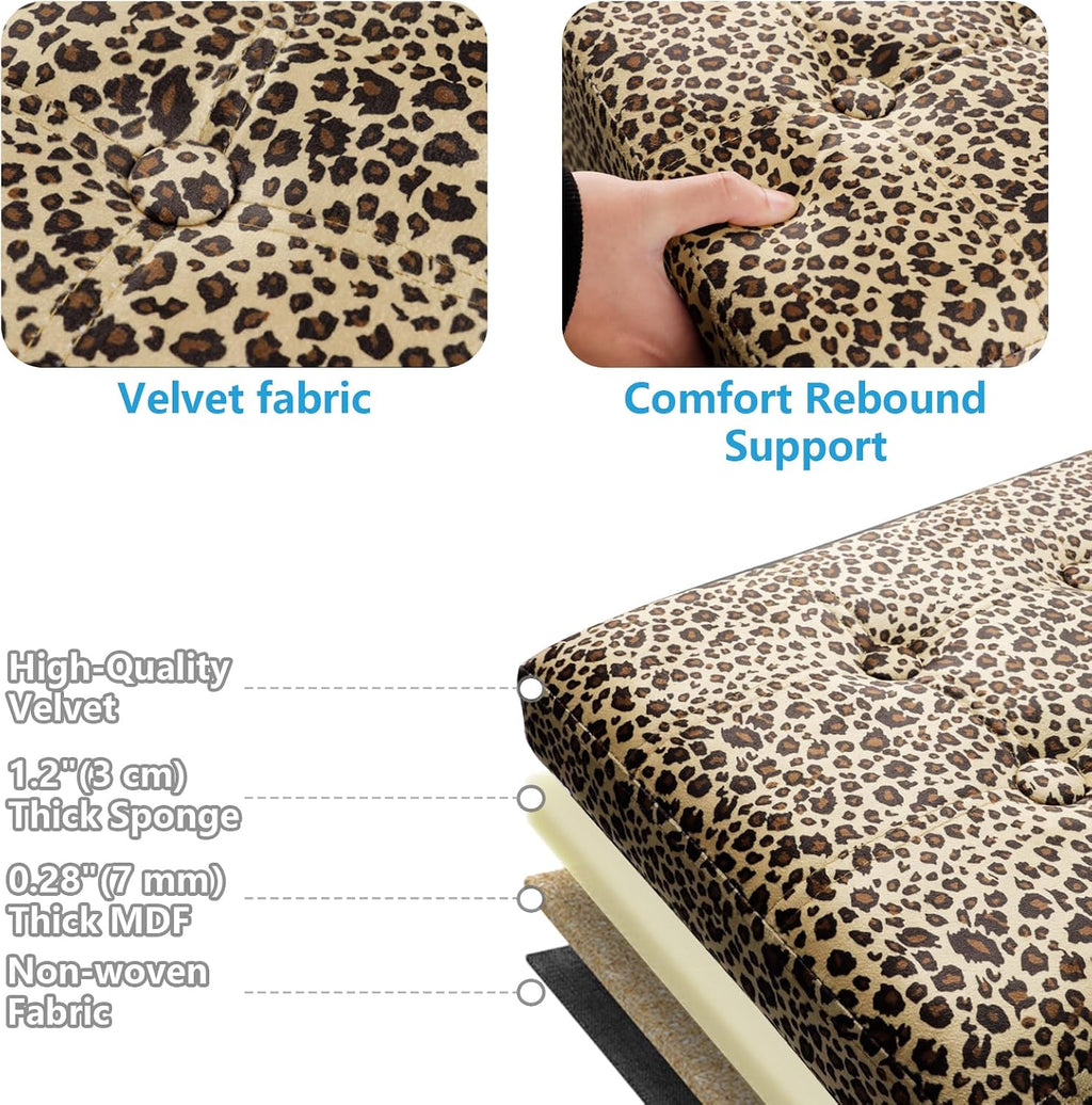 AmasSmile Storage Ottoman Folding Foot Rest Stool with Side Pocket, 17 inch Velvet Footstool Bench, Short Ottoman Bench, Storage Foot Rest Store, Blanket Chest, Leopard Print