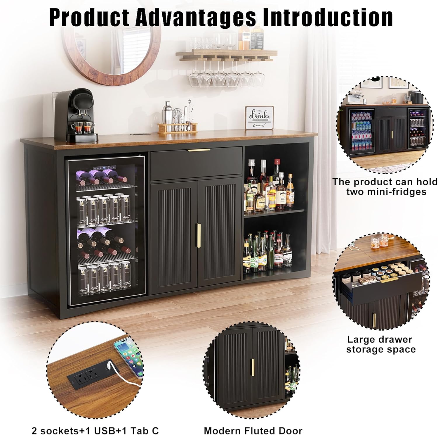 GDLF 70.1" Long Coffee Bar Cabinet with Fridge Space, Modern Wine Liquor Cabinet with Storage & Power Outlet, Buffet Sideboard with Fluted Doors for Home, Black
