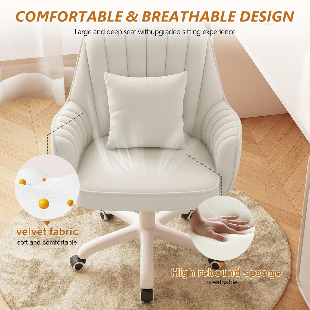 Mid-Back Velvet Desk Chair, Height Adjustable Swivel Vanity Chair with Wheels, Rolling Accent Chair for Home Office, Bedroom, Living Room, Cream