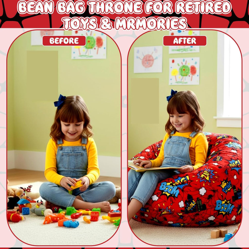 Boao 30'' Large Spider Kids Bean Bag Chairs Cover (No Filling) Washable Stuffed Animal Storage Beanbag Chair for Kids Canvas Bean Bag Cover with Zipper for Boys Organizing Plush Toys Textile Sack