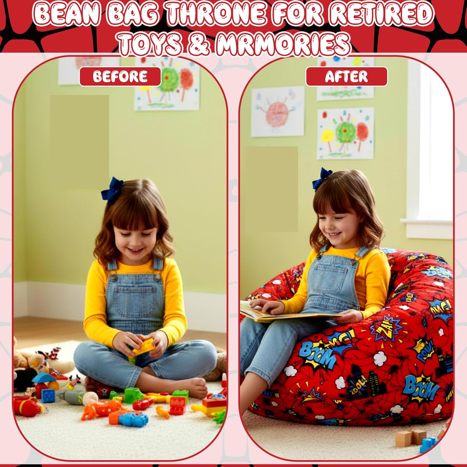 Boao 30'' Large Spider Kids Bean Bag Chairs Cover (No Filling) Washable Stuffed Animal Storage Beanbag Chair for Kids Canvas Bean Bag Cover with Zipper for Boys Organizing Plush Toys Textile Sack