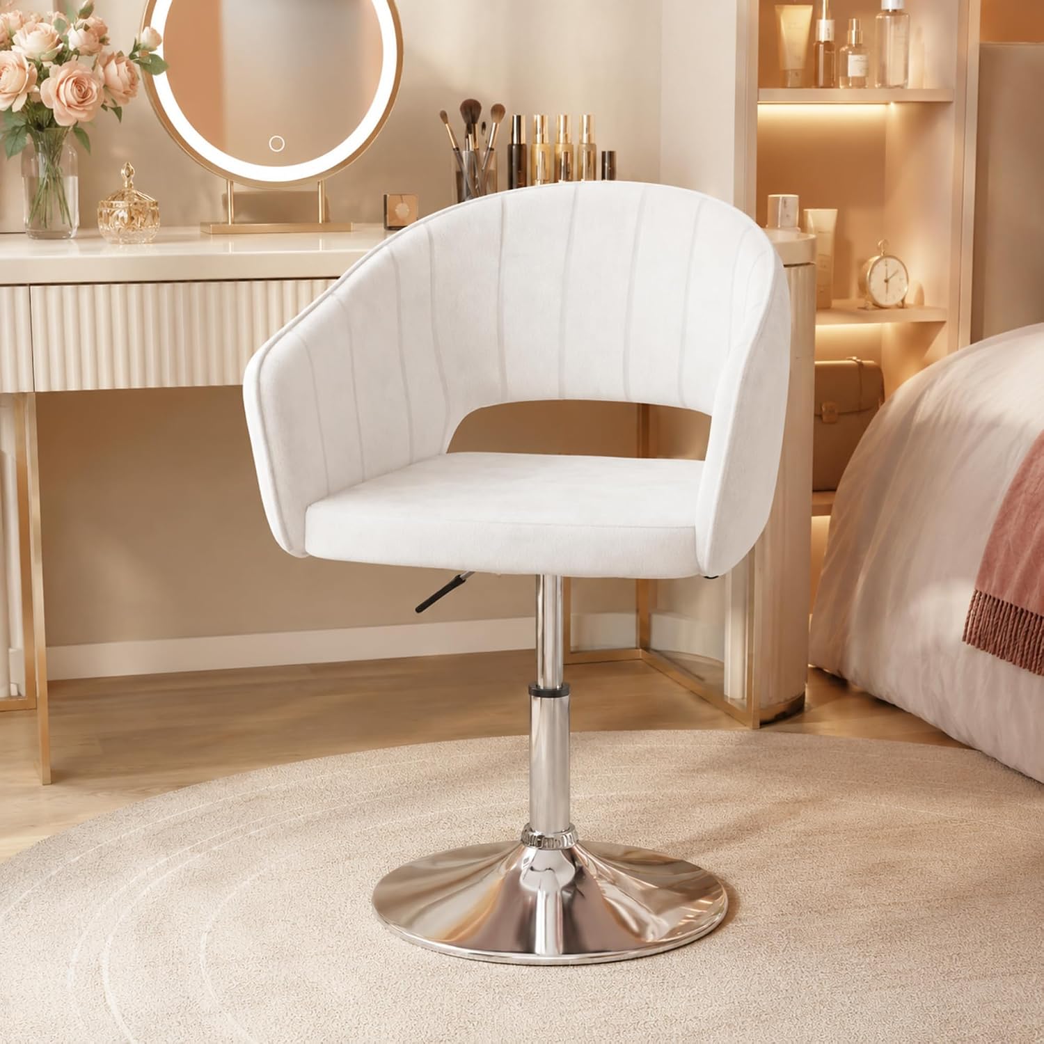 VECELO Large Wide Velvet Accent Chair, Adjustable Luxury Vanity & Dining Chair with Gold Barstool Base, 360°Swivel Upholstered Armchair for Living Room, Bedroom, Home Office, Pearl White