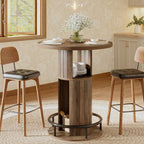 HSH Round Bar Table, 39.4" H Wood Pub Table with Storage & Metal Footrest, Modern Industrial Bar Height Bistro Cocktail Table for Coffee Bar, Kitchen Dining Room, Small Space, Rustic Oak, 2PCS